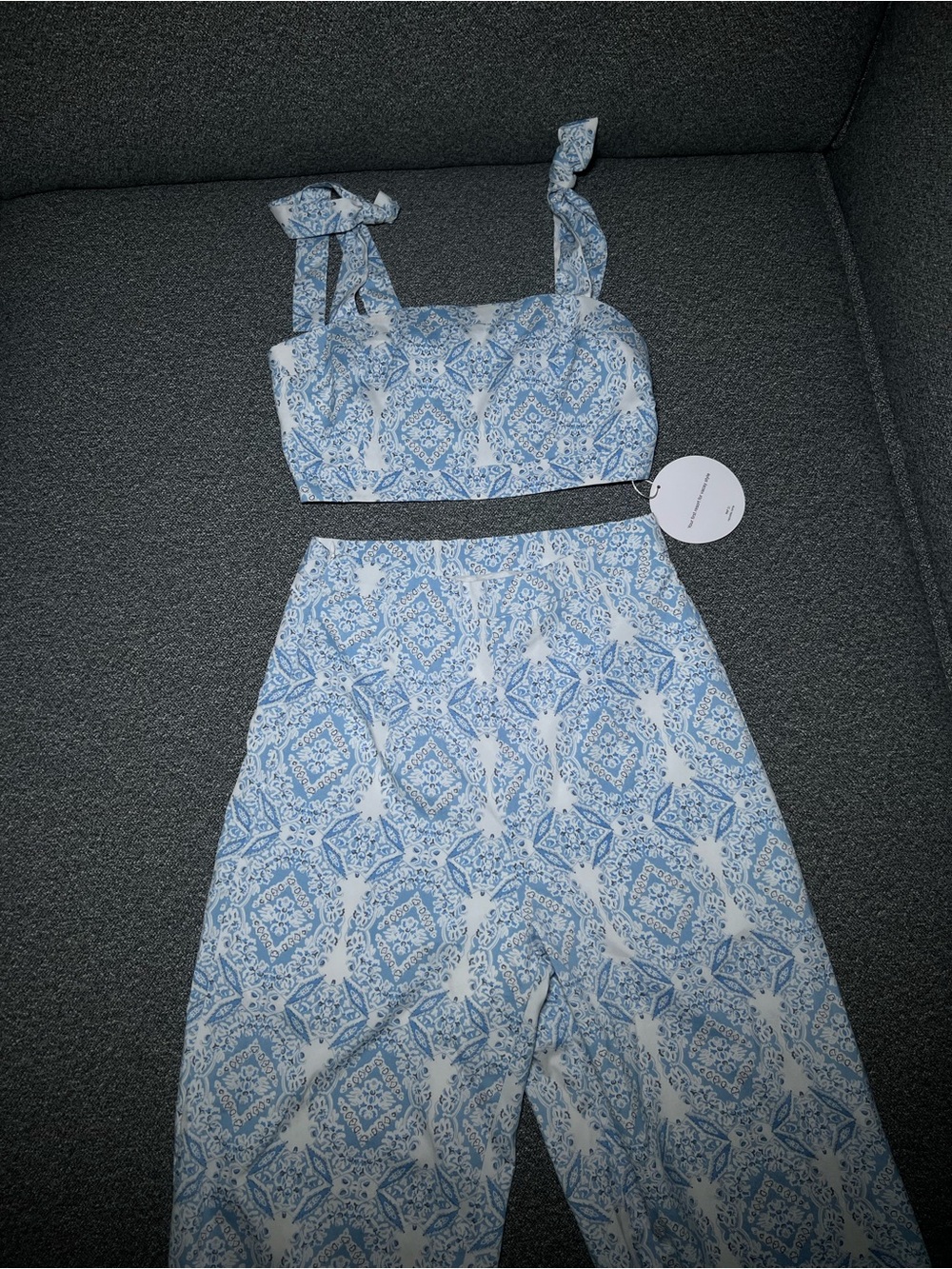SHEIN Blue & White Paisley Wide Leg Pants Set